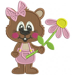 Groundhog Girl With a Flower Easter Filled Machine Embroidery Design Digitized Pattern